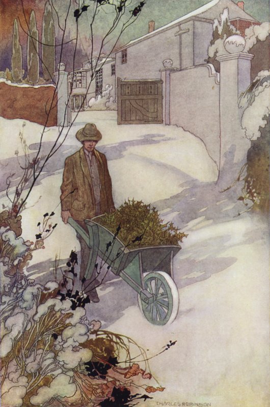 Our Sentimental Garden: Winter (färg litho) av Charles Robinson