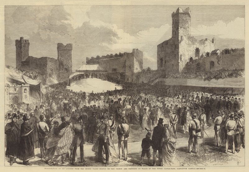Presentation av en adress från folket i norra Wales till prinsen och prinsessan av Wales i Upper Castle-Yard, Carnarvon Castle av Sir John Charles Robinson