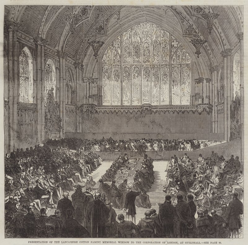 Presentation av Lancashire Cotton Famine Memorial Window för Corporation of London, i Guildhall av Sir John Charles Robinson