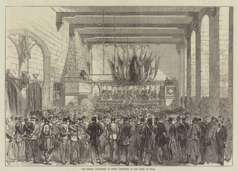De engelska volontärerna i Gent, mottagning på Hotel de Ville av Sir John Charles Robinson
