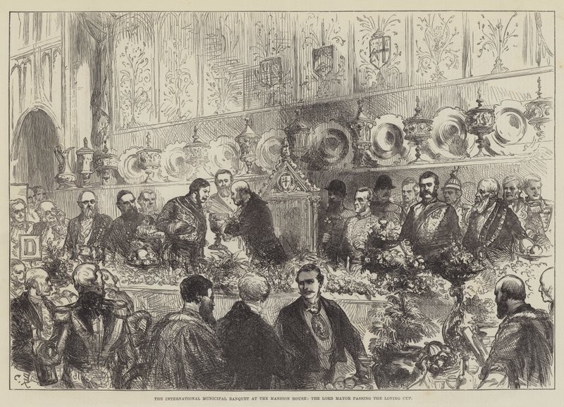 Den internationella kommunala banketten på Mansion House, Lord Mayor passerar Loving Cup av Sir John Charles Robinson