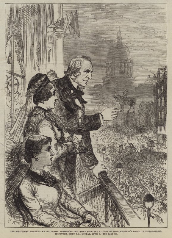 The Midlothian Election, Mr Gladstone talar till folkmassan från balkongen i Lord Rosebery House, i George-Street, Edinburgh, åtta på kvällen, måndagen den 5 april av Sir John Charles Robinson