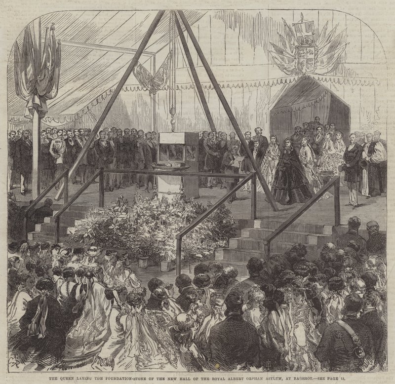 Drottningen lägger grundstenen till Royal Albert Orphan Asylums nya sal vid Bagshot av Sir John Charles Robinson