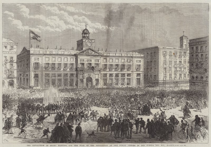 Revolutionen i Spanien, hänger ut revolutionens flagga på de offentliga kontoren i Puerta del Sol, Madrid av Sir John Charles Robinson