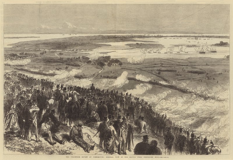 Volontärgranskningen i Portsmouth, allmän syn på slaget från Portsdown Hill av Sir John Charles Robinson