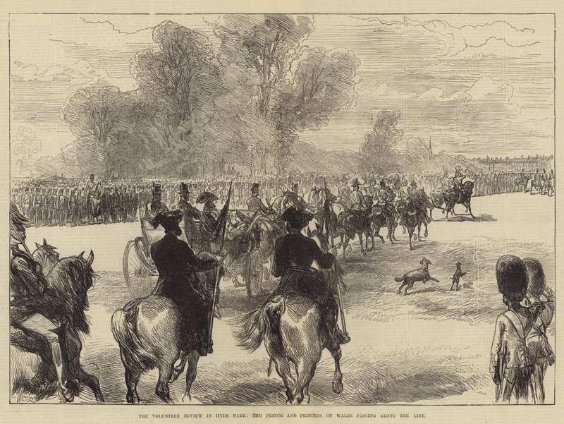 Volontärgranskningen i Hyde Park, prinsen och prinsessan av Wales passerar längs linjen av Sir John Charles Robinson