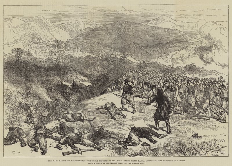Kriget, slaget vid Kniejesevacz, första brigaden av infanteri, under Hafiz Pasha, attackerar Servians i en skog av Sir John Charles Robinson
