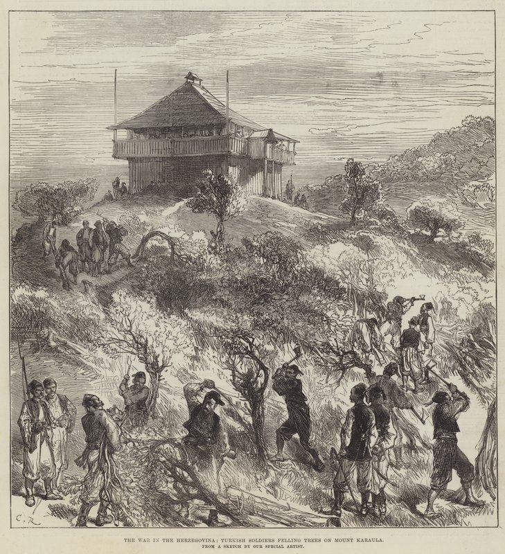 Kriget i Hercegovina, turkiska soldater fäller träd på berget Karaula av Sir John Charles Robinson