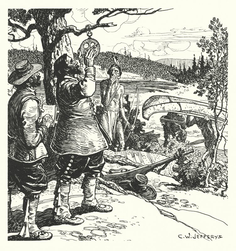 Champlain gör en observation med astrolabiet vid Ottawa av Charles William (after) Jefferys