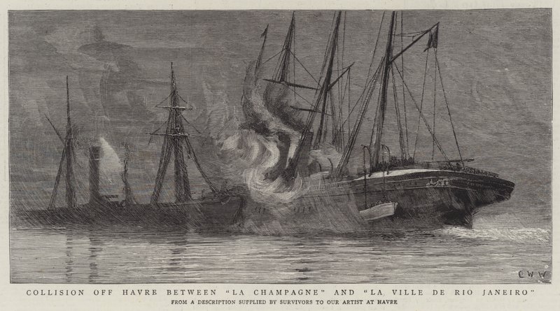 Kollision utanför Havre mellan La Champagne och La Ville de Rio Janeiro av Charles William Wyllie