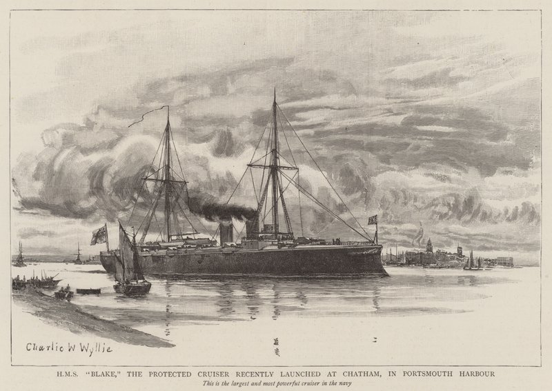 HMS Blake, den skyddade kryssaren som nyligen lanserades i Chatham, i Portsmouths hamn av Charles William Wyllie