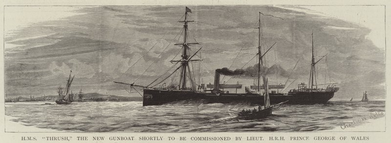 HMS Thrush, den nya kanonbåten kommer inom kort att tas i uppdrag av löjtnant HKH Prins George av Wales av Charles William Wyllie