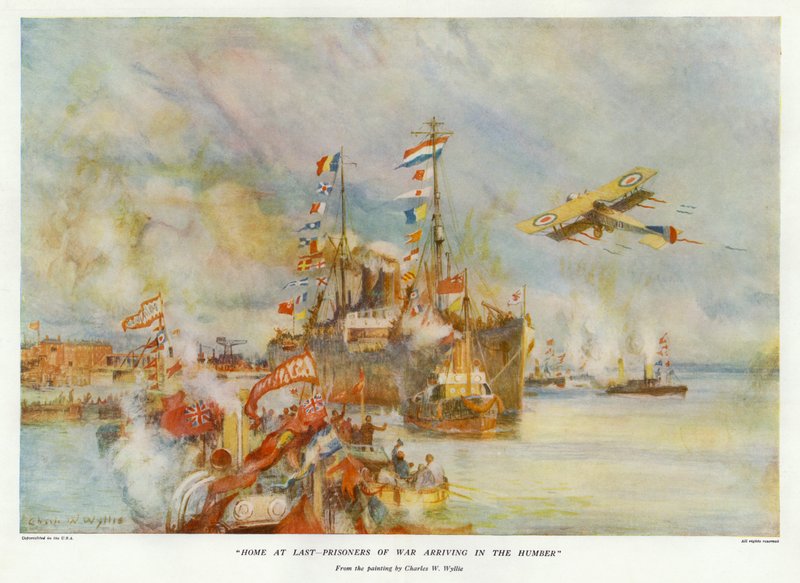 Home at Last - Krigsfångar anländer i Humber (färg litho) av Charles William Wyllie