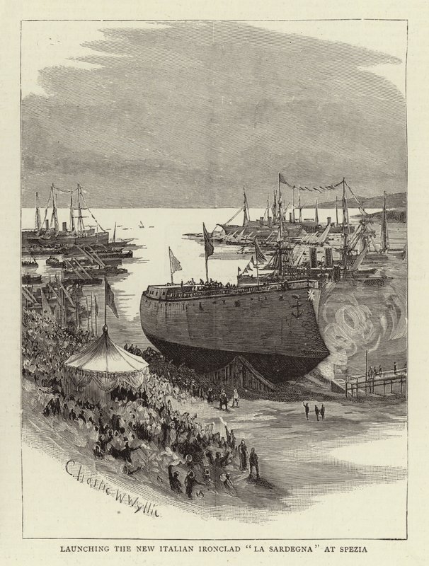 Lanserar den nya italienska järnklädda La Sardegna på Spezia av Charles William Wyllie