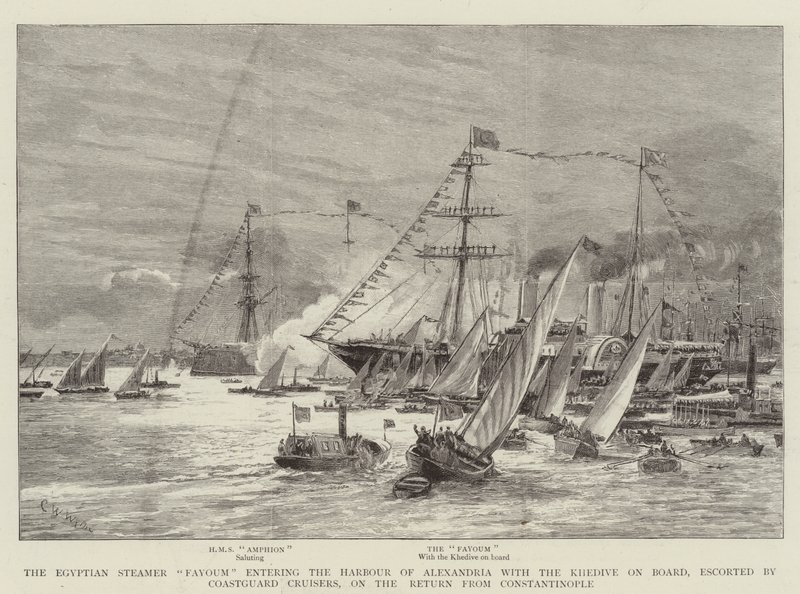 Den egyptiska ångbåten Fayoum går in i hamnen i Alexandria med Khediven ombord, eskorterad av kustbevakningskryssare, på återkomsten från Konstantinopel av Charles William Wyllie