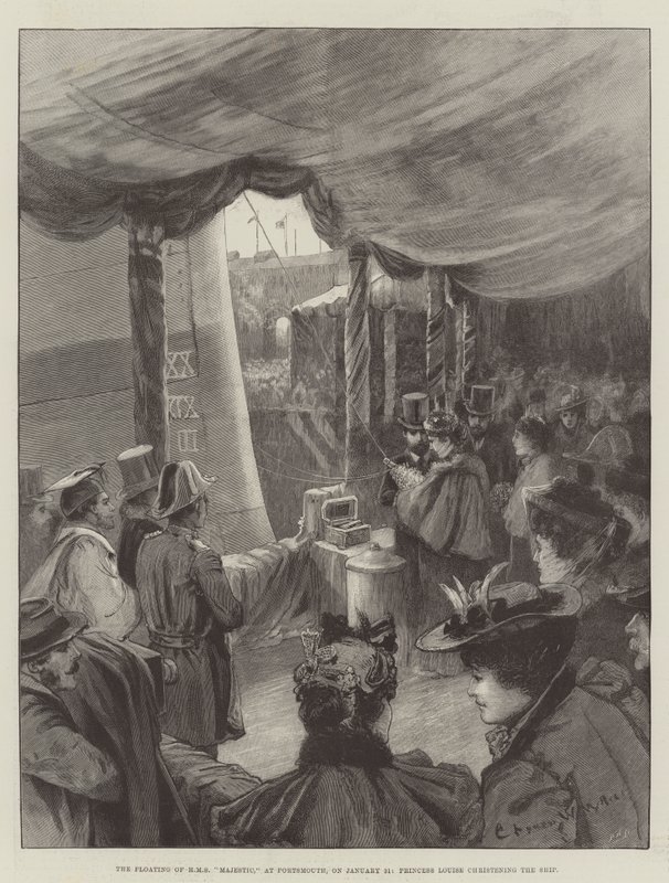 The Floating of HMS Majestic, i Portsmouth, den 31 januari, döper prinsessan Louise skeppet av Charles William Wyllie