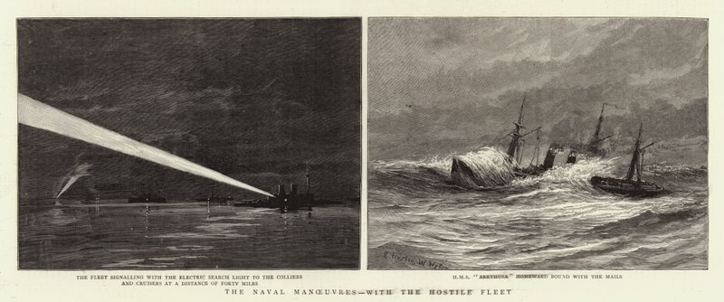 Sjömanövrarna, med den fientliga flottan av Charles William Wyllie