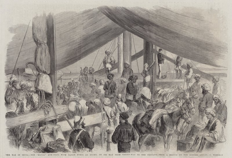 Kriget i Kina, Havoc Gun-Boat, med Fanes häst ombord, på väg från Talien-Wan till Pehtang av Charles Wirgman