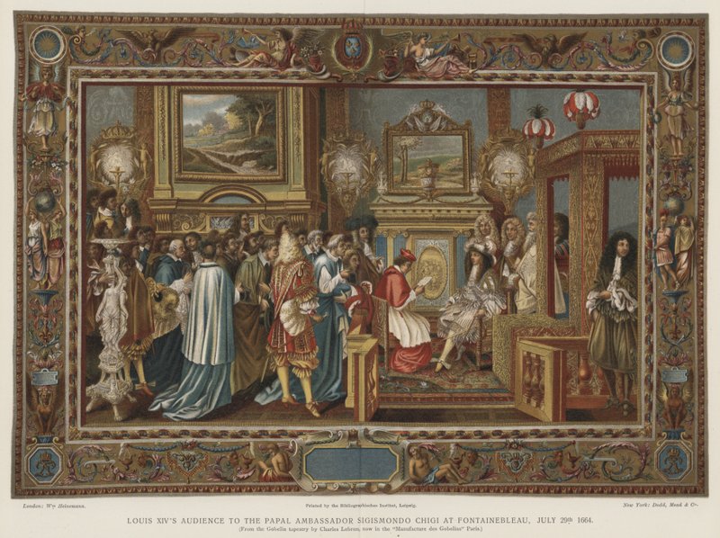 Ludvig XIV:s audiens hos den påvliga ambassadören Sigismondo Chigi i Fontainebleau, 29 juli 1664 av Charles after Le Brun