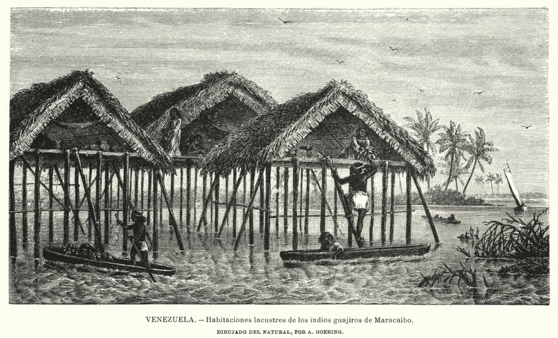 Wayuu (Guajiro) indianernas bostäder vid sjöar, Maracaibo, Venezuela (litho) av Christian Anton Goering