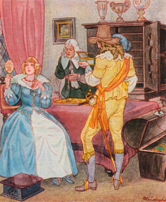 Besuch Beim Juwelier / Besök hos juveleraren (färglitografi) av Christophe (1856 1945)