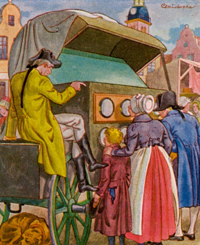 Guckkastenmannen / Peep Box Man (färglitografi) av Christophe (1856 1945)