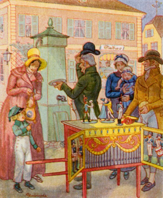 Leierkasten Mit Tanzpuppen / Fatorgel med dansande dockor (färglitografi) av Christophe (1856 1945)