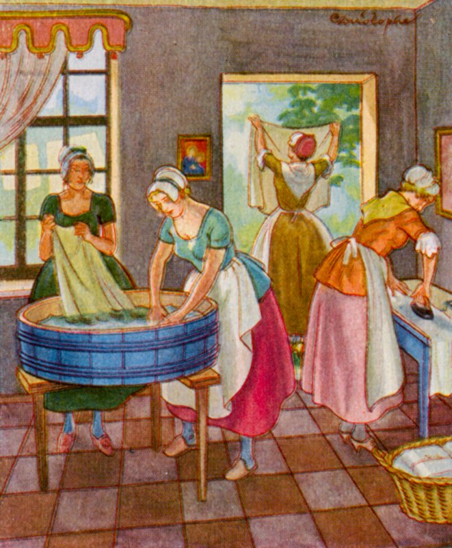 Wascherin Und Platterin / Tvätterska och tallrik (färglitografi) av Christophe (1856 1945)