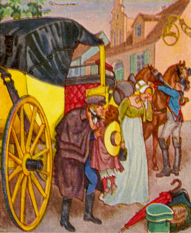 Abreise In Der Kalesche / Avfärd i vagn (färglitografi) av Christophe (1856 1945)