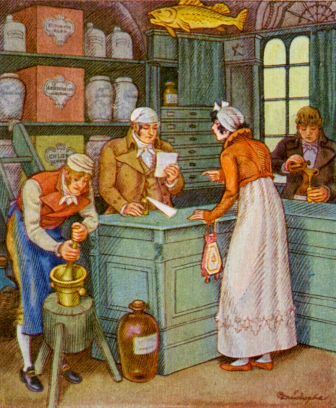 Apotheke / Apotek (färglitografi) av Christophe (1856 1945)