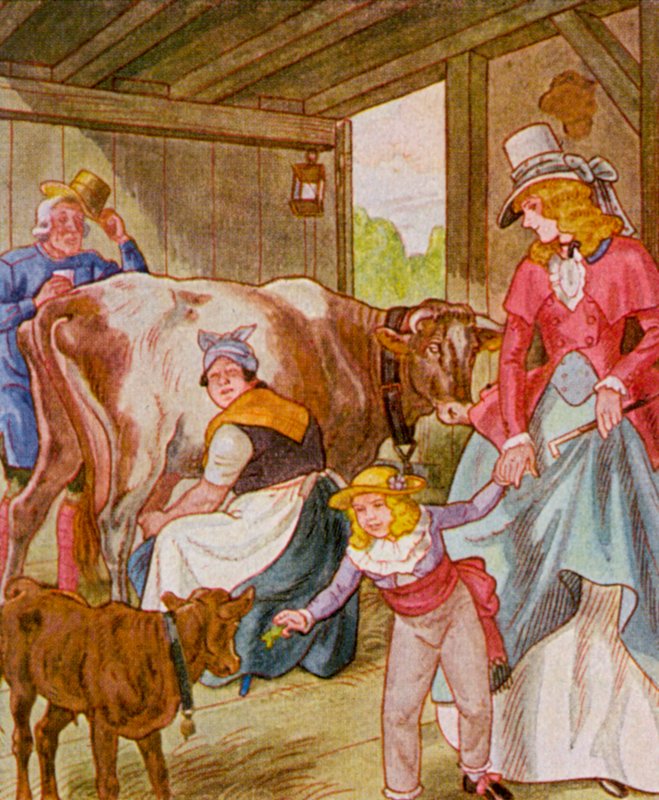 Besuch Im Kuhstall / Besök i ladugården (färglitografi) av Christophe (1856 1945)