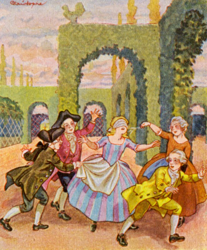 Blinde Kuh-spiel / Blind mans buff-spel (färglitografi) av Christophe (1856 1945)
