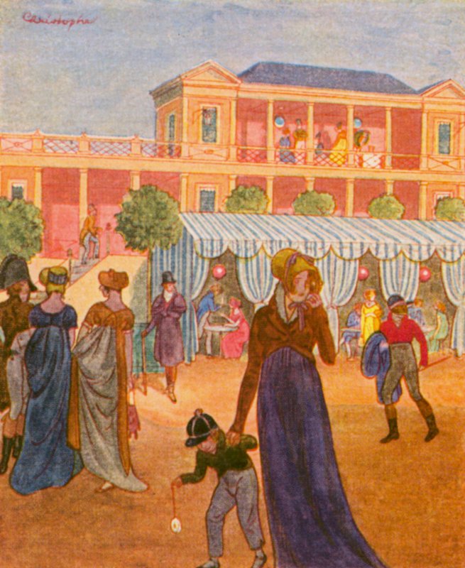 Elegantes Ausflugslokal / Elegant utflyktsrestaurang (färglitografi) av Christophe (1856 1945)