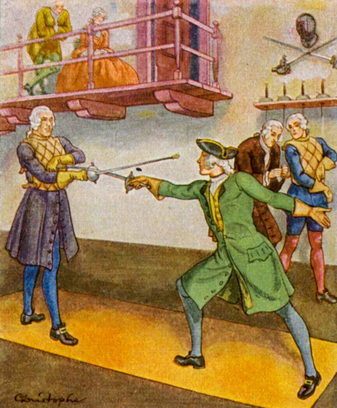 Fechtschule / Fäktskola (färglitografi) av Christophe (1856 1945)