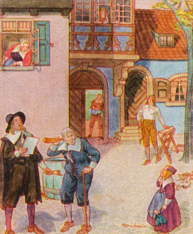 Gemeindeausrufer / Utropare (färglitografi) av Christophe (1856 1945)