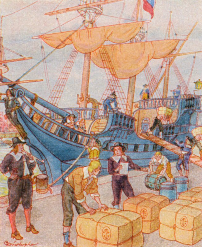 Hafen Mit Tabakballen / Hamn med tobaksbalar (färglitografi) av Christophe (1856 1945)