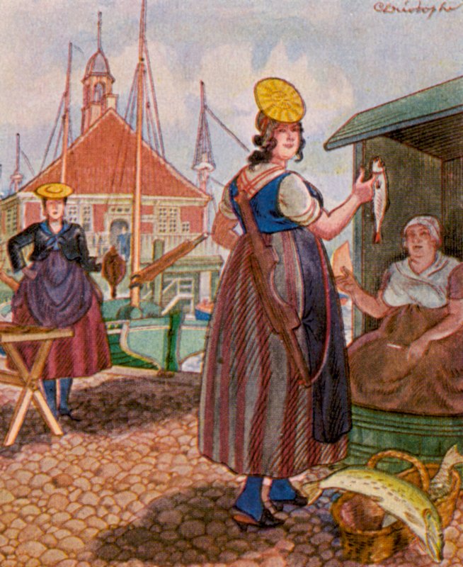 Hamburger Fischmarkt / Hamburgs fiskmarknad (färglitografi) av Christophe (1856 1945)