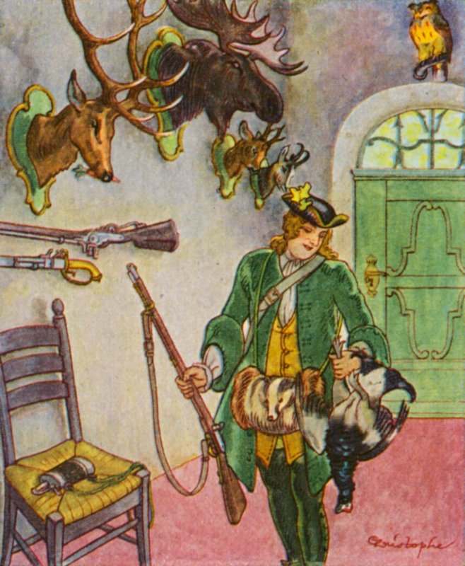 Jagdschloss Mit Trophaen / Jaktslott med troféer (färglitografi) av Christophe (1856 1945)