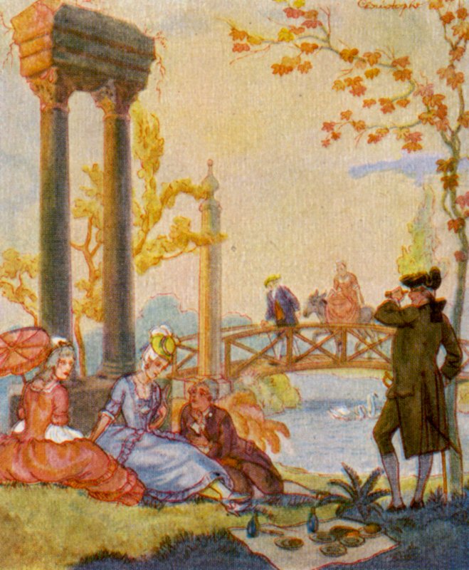 Park Mit Ruine / Park med ruiner (färglitografi) av Christophe (1856 1945)