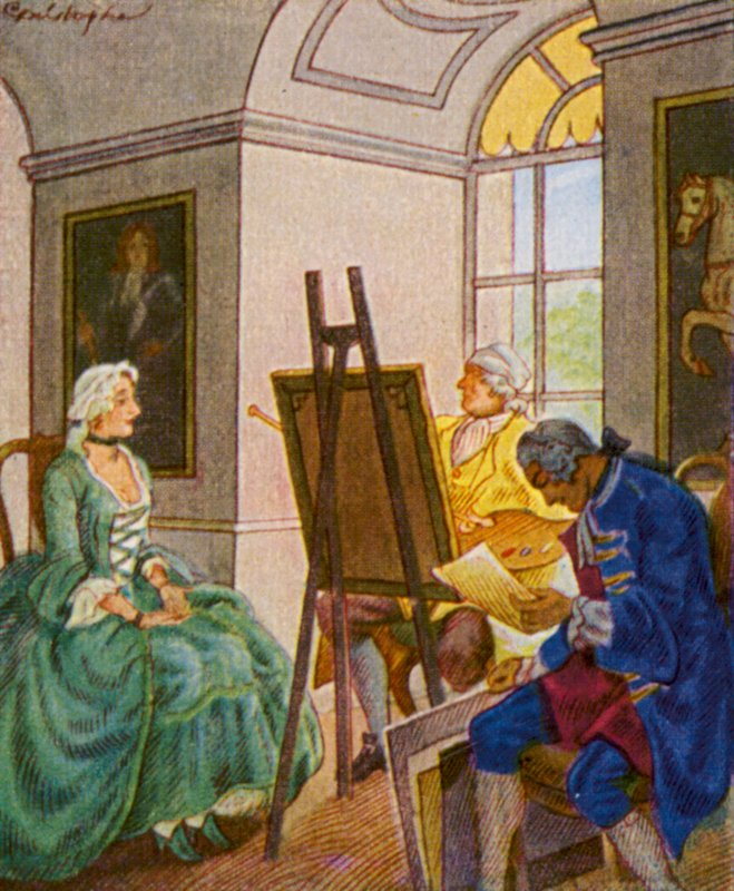 Portratsitzung Im Schloss / Porträttsession i slottet (färglitografi) av Christophe (1856 1945)