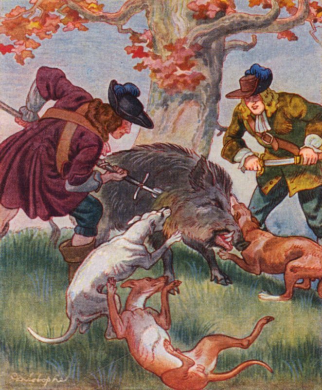 Sauhatz / Grisjakt (färglitografi) av Christophe (1856 1945)