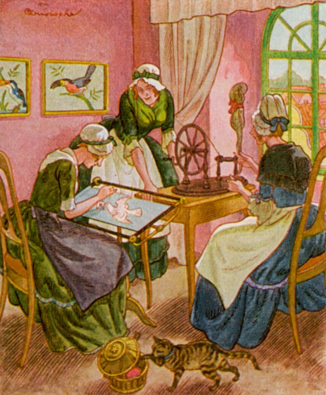 Stickerin Und Spinnerin / Broderare och spinnare (färglitografi) av Christophe (1856 1945)