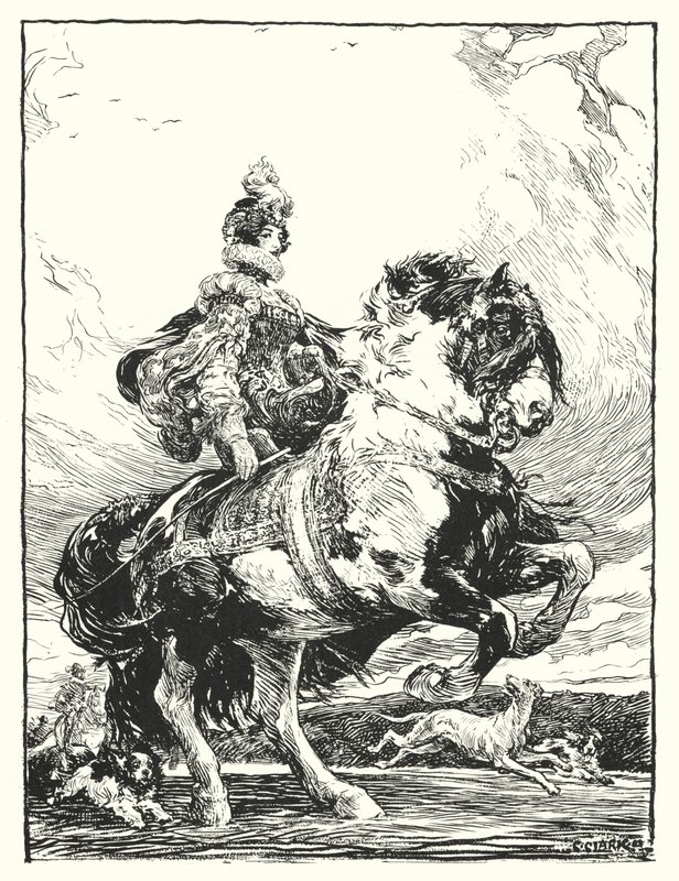 Kvinna i Tudordräkt som jagar till häst (litho) av Christopher (after) Clark