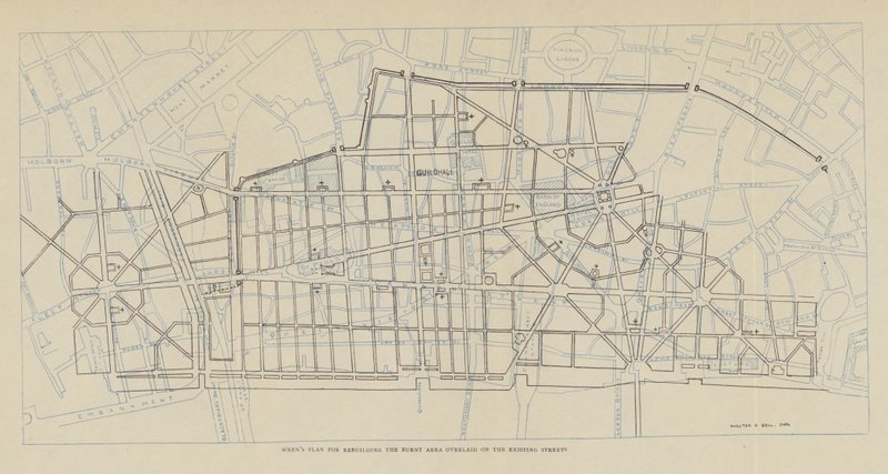 Sir Christopher Wrens plan för återuppbyggnad av det nedbrunna området överlagrad på de befintliga gatorna (litografi) av Christopher Wren