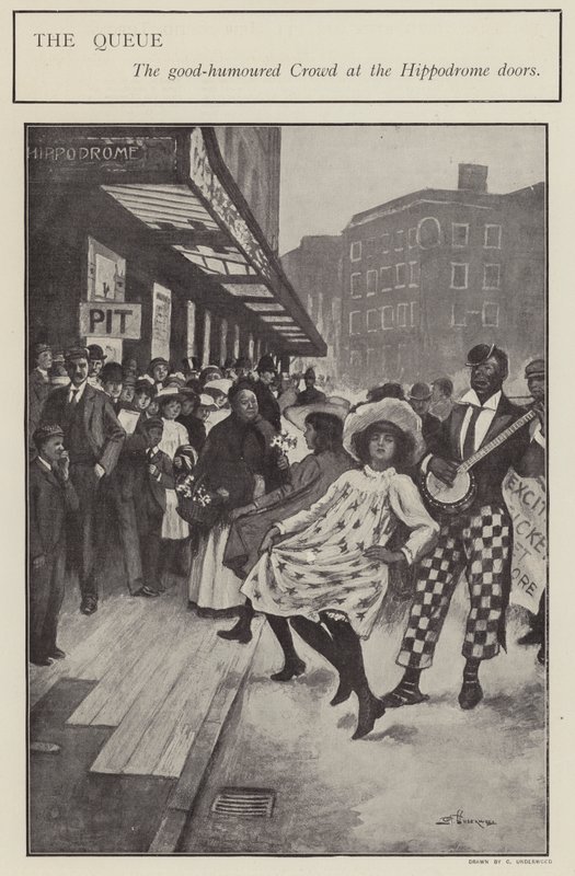 En godmodig kö utanför dörrarna till London Hippodrome (litho) av Clarence F. Underwood