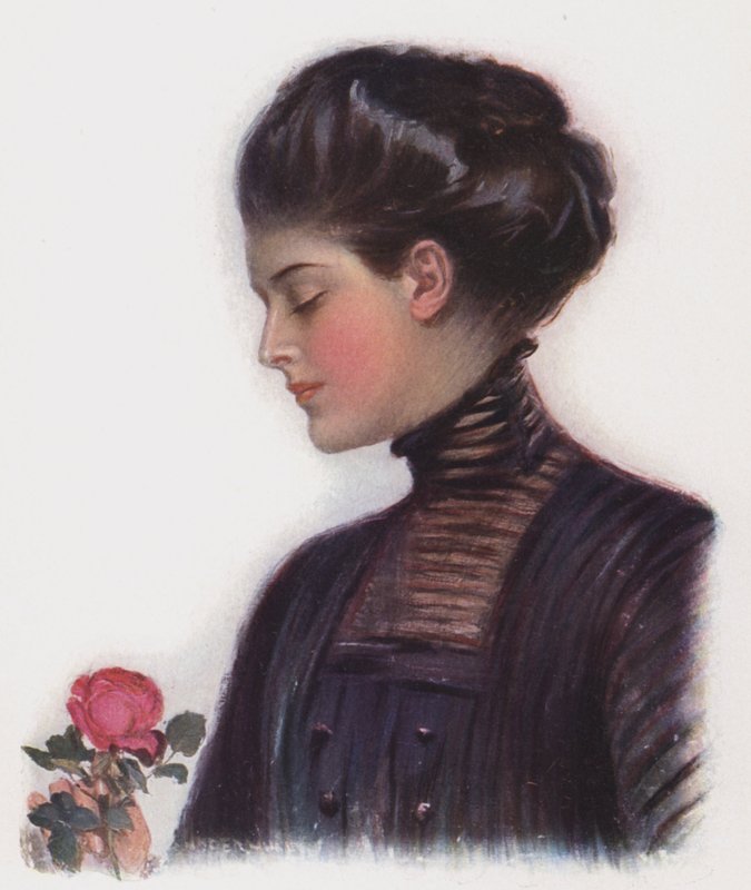 Flicka med en ros (färg litho) av Clarence F. Underwood