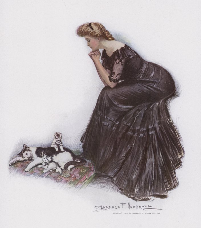 Kvinna som tittar på en katt och hennes kattungar av Clarence F. Underwood