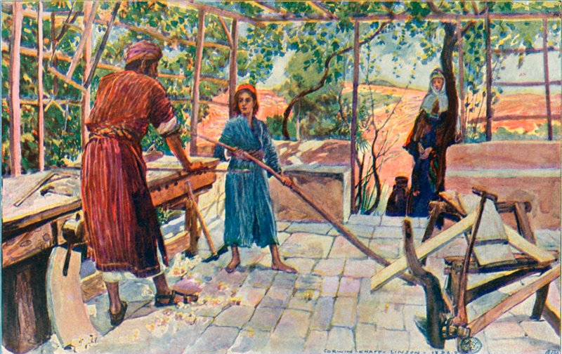 Jesus arbetar hemma hos Josef och Maria av Corwin Knapp Linson
