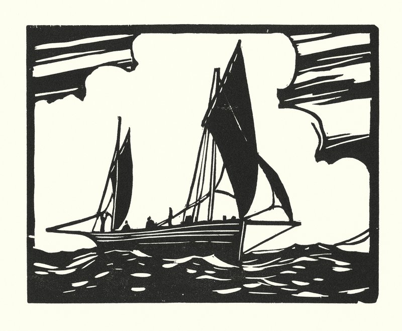 Fiskebåtar och pråmar: Brighton Clinker-Built Lugger (träsnitt) av Cyril A. Wilkinson