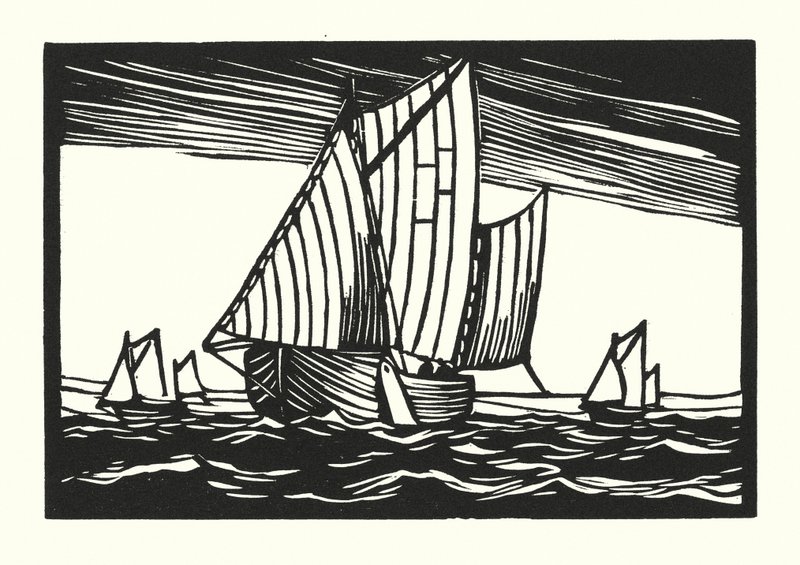 Fiskebåtar och pråmar: Brighton Hoggies (träsnitt) av Cyril A. Wilkinson